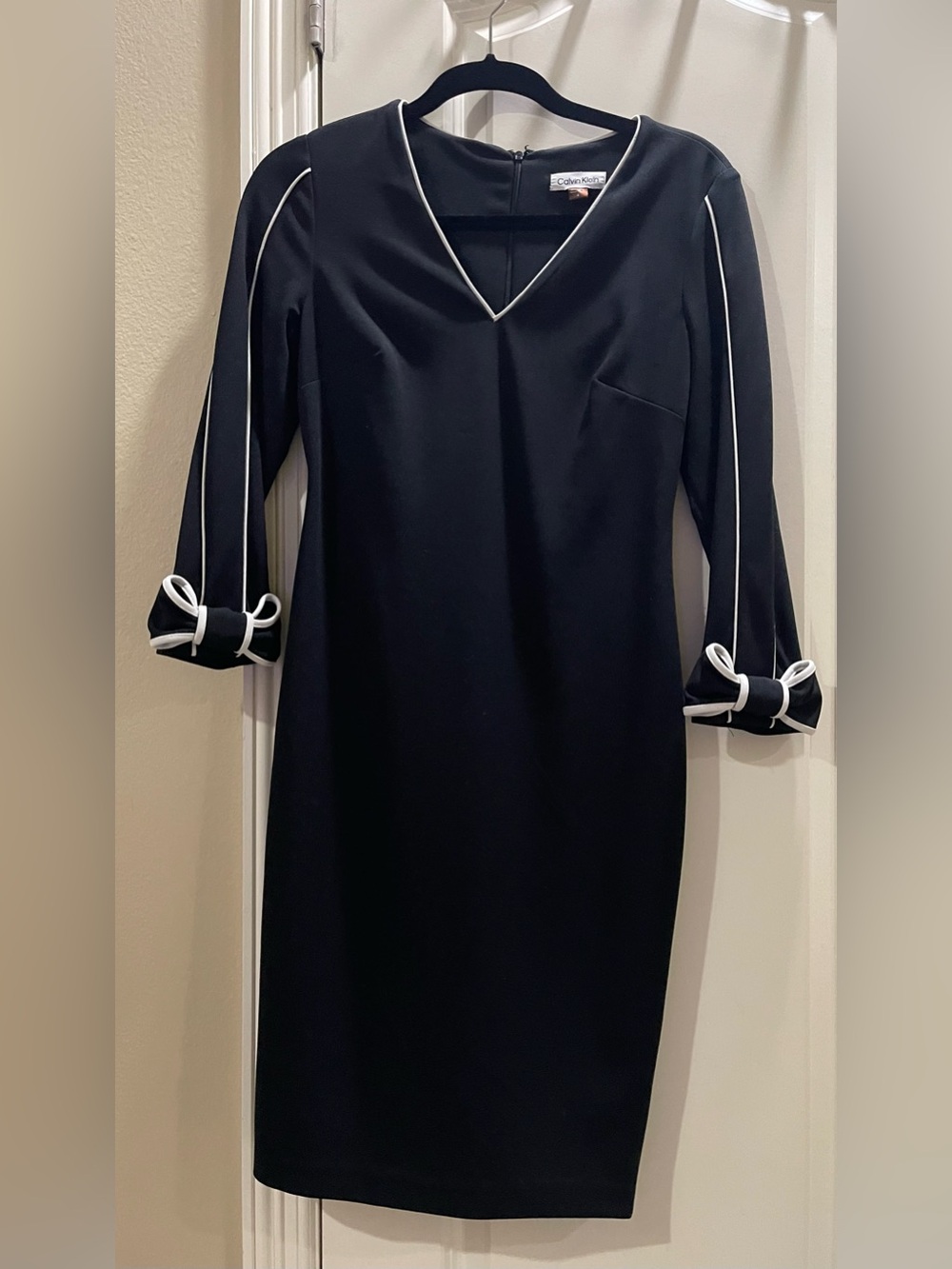 Calvin Klein Black Midi Sheath Dress with White Piping